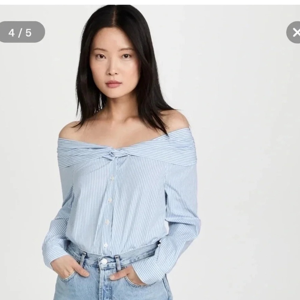 Jonathan Simkhai off shoulder blouse Small stripe blue white button cotton